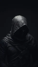 Hooded figure in dark clothing stands in minimal light
