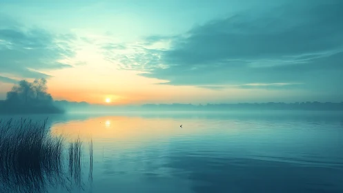 Mistlit sunrise drifts over tranquil teal mirrored lake horizon.