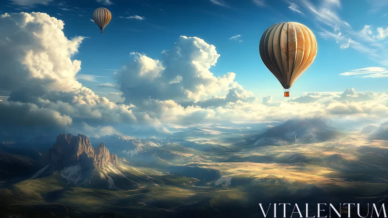Hot air balloons drift above sunlit fantasy mountainscape.