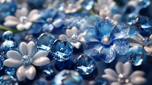 Macro render of faceted blue gemstones and enamel flowers