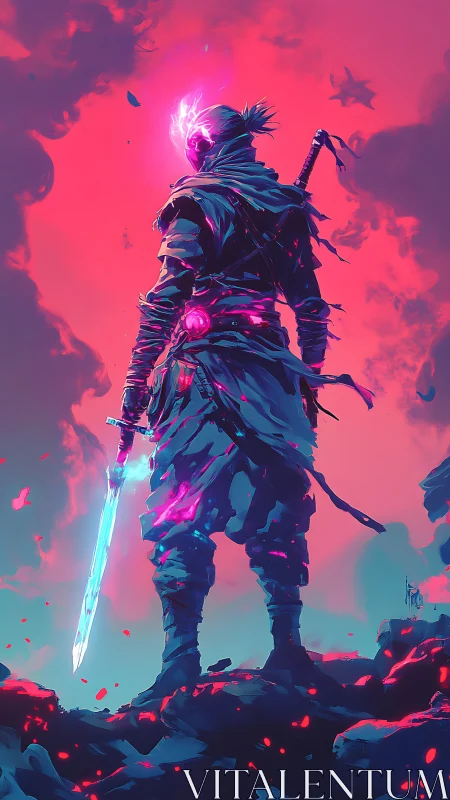 Neon-lit cyber samurai stands against a saturated magenta sky