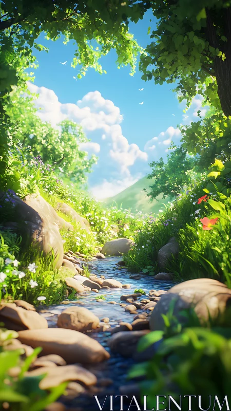 Sunlit forest stream flows through rocks under clear sky