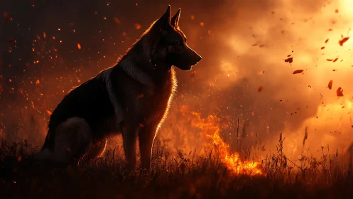 Loyal shepherd dog watches glowing wildfire embers at dusk