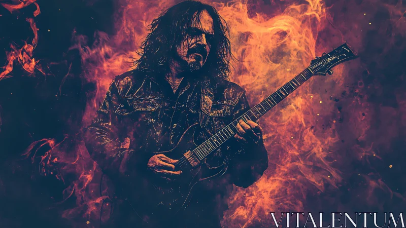 Pyrochromatic electric guitarist amid combusting spectral plumes.