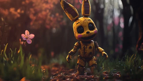 Rusty toy rabbit in dreamy forest with floating blossom.
