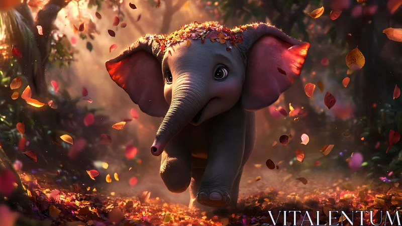 Baby elephant running through autumn forest scene.