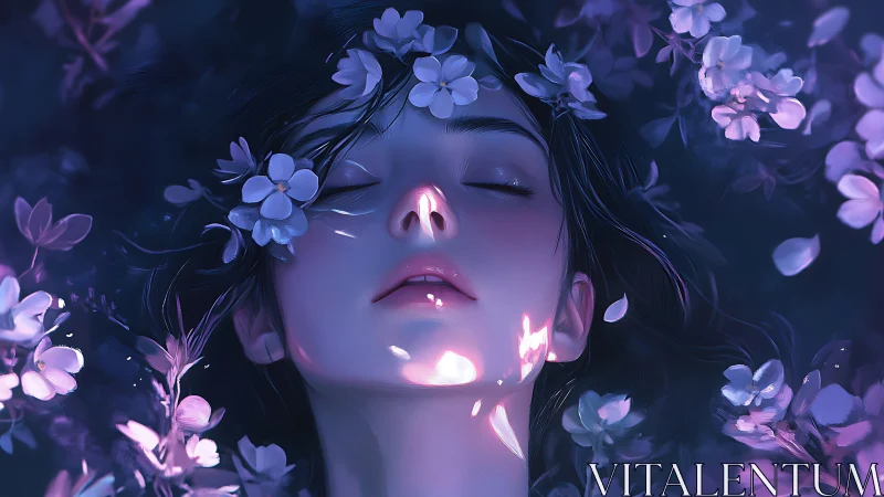 Nocturnal floral portrait of woman in violet rim lighting