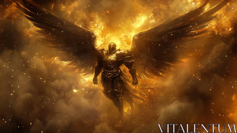 Armored dark angel rises through blazing celestial fire