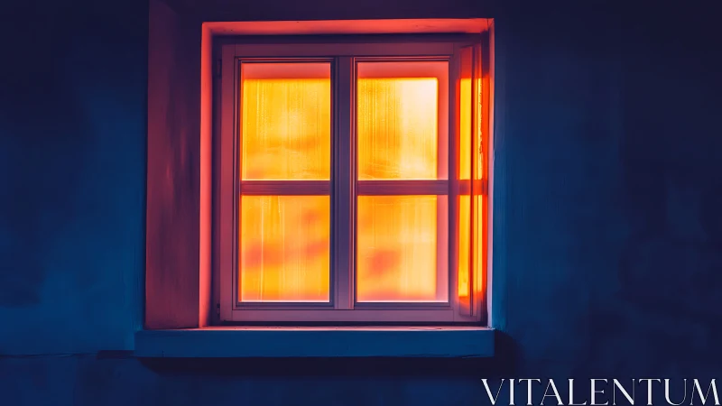 Illuminated window with color gradient against dark facade.