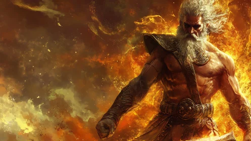 Storm-forged war god strides through a roaring solar inferno