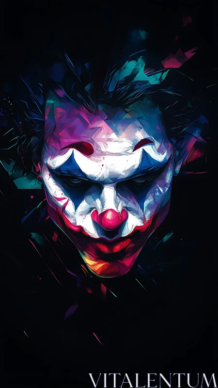 Fragmented neon clown portrait isolates psychological tension