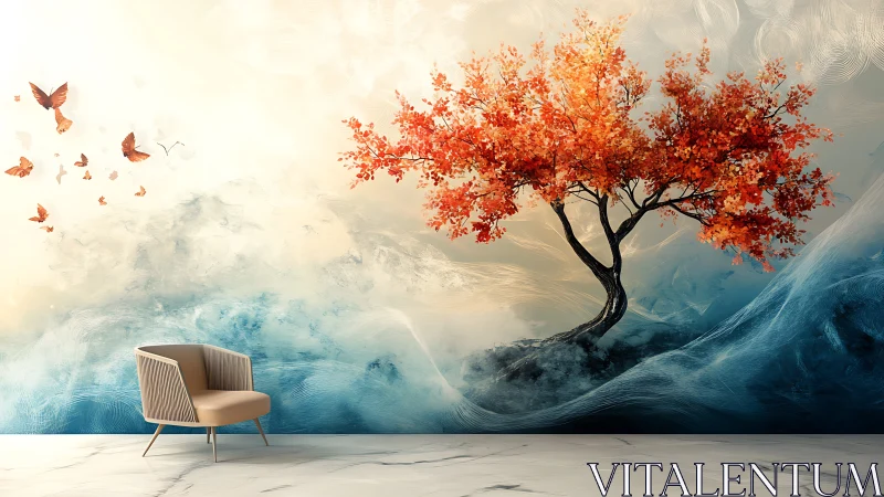 Autumn maple on abstract mist horizon in modern interior wall art.