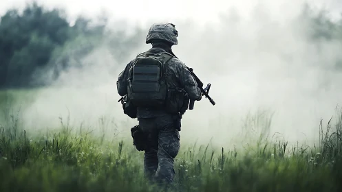 Solitary soldier walking into misty green silence.
