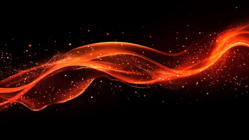 Glowing Abstract Orange Wave with Sparkling Particles on Black.
