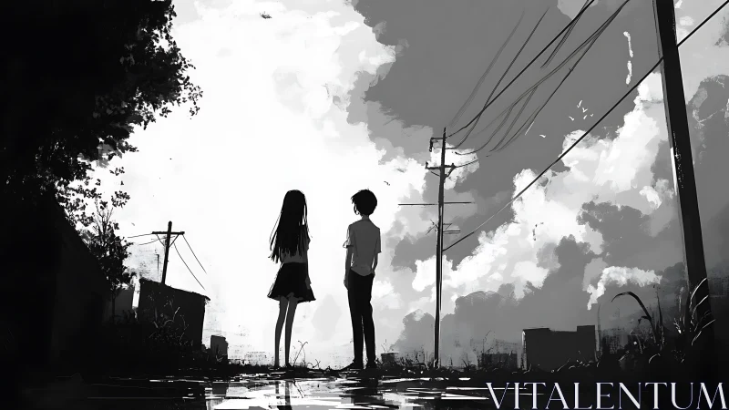 Two silhouetted teens stand under wide cloudy sky street.