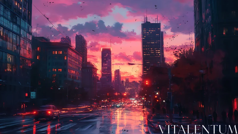 City street at dusk with glowing towers and wet roadway.