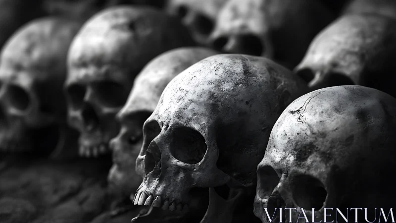 Aligned human skulls render a monochrome, hyperreal macabre study