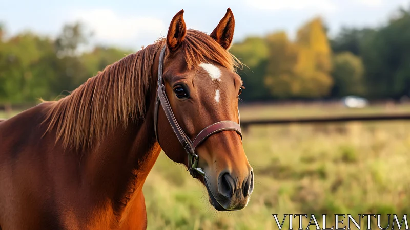 Chestnut horse stands in field with shallow depth of field