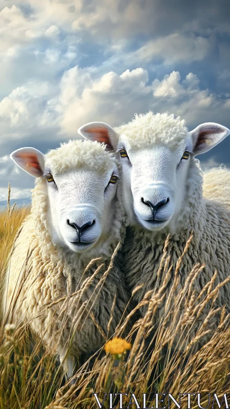 Photorealistic portrait of twin sheep in windswept meadow.