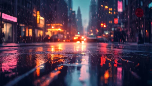 Neon city street shimmers under rain in cinematic twilight