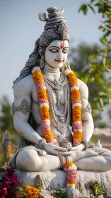 Marble Shiva statue in meditative asana with floral garlands