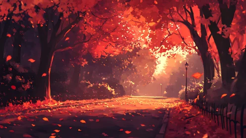 Tree-lined park pathway under red autumn foliage at dusk.