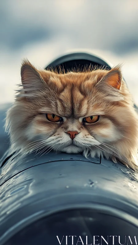 Fluffy Cat Resting on Industrial Metal Pipe