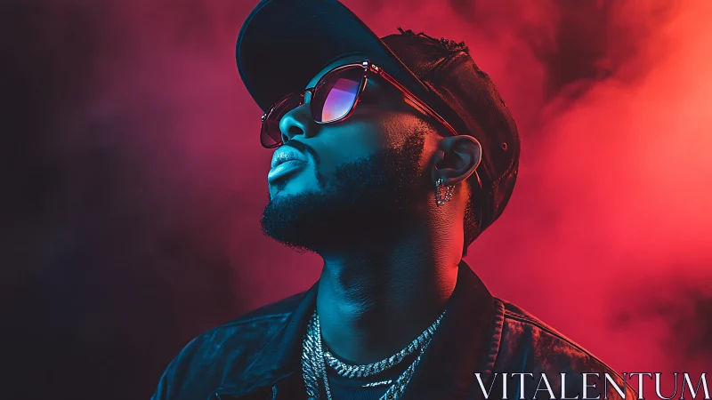 Hip hop style portrait in bold red and blue neon light.