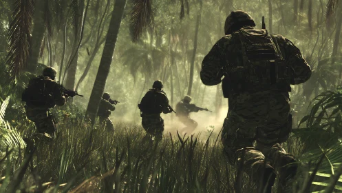 Jungle fireteam advances through sunlit haze of combat.