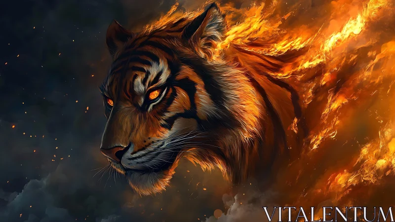 Digital painting of flaming tiger head in dynamic profile focus.