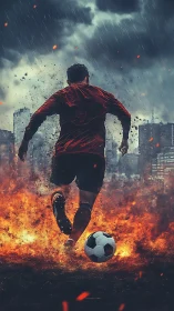 Soccer player running through fire on stormy urban field.