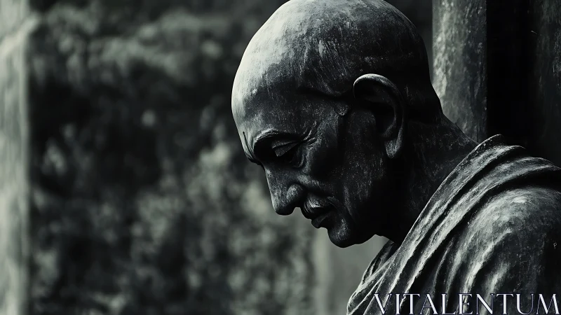 Gentle bronze monk in quiet, contemplative reflection.