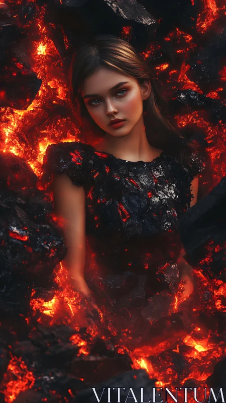 Emberborn maiden emerging amid molten lava and ash.