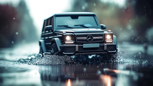 Luxury off-road SUV powers through rainy city puddles at dusk