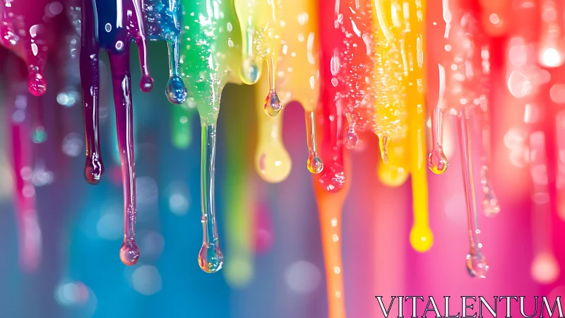 Glossy dripping rainbow paint with soft bokeh background.