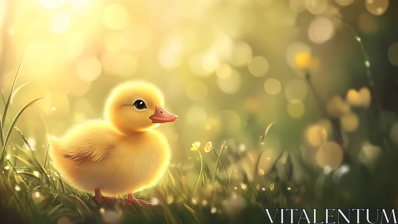Golden backlit duckling in dreamy meadow bokeh field.