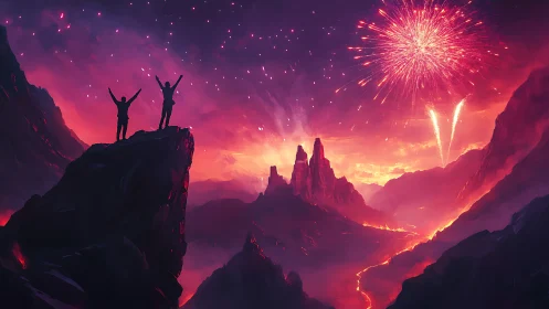 Triumphant silhouettes beneath crimson volcanic fireworks.