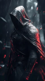 Hooded shadow walker in rainlit alley streaked with embers.