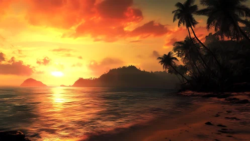 Sunset fire spills gold over a quietly breathing tropical bay