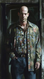 Stoic man in a doorway wearing a boldly patterned shirt.