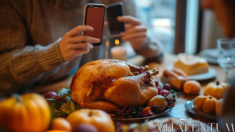 Person photographs roasted turkey on decorated dinner table