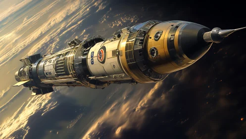 Golden orbital spacecraft above cloud-lit planet at dusk.
