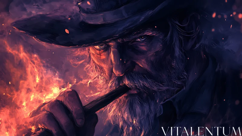 Cinematic close-up of grizzled gunslinger lit by dynamic fire glow