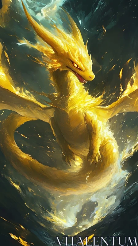 Solar dragon ascends through storm-lit vortex of flame.