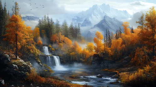 Golden autumn waterfall flows beneath towering snowy peaks