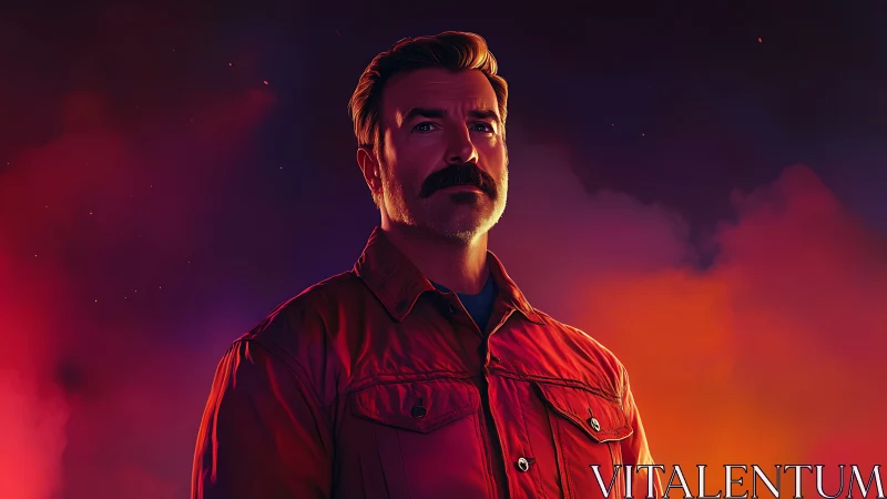 Storm-lit moustached sentinel studies the ember-bright horizon