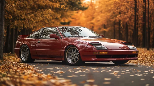 Red sports coupe parked on autumn forest road at dusk.