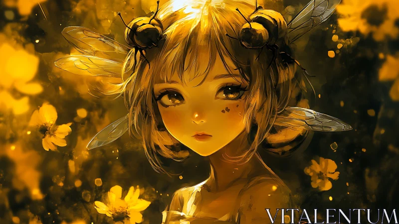 Golden bee-winged girl glows softly in a dreamy meadow