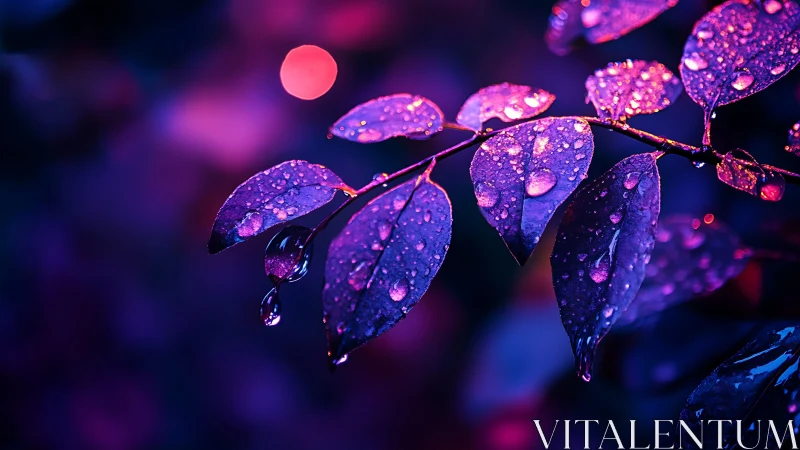 Neon-kissed rain droplets on leaves in vivid bokeh glow.