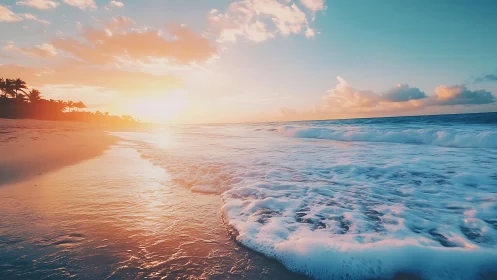 Sunlit tropical shoreline captures pastel surf glow.